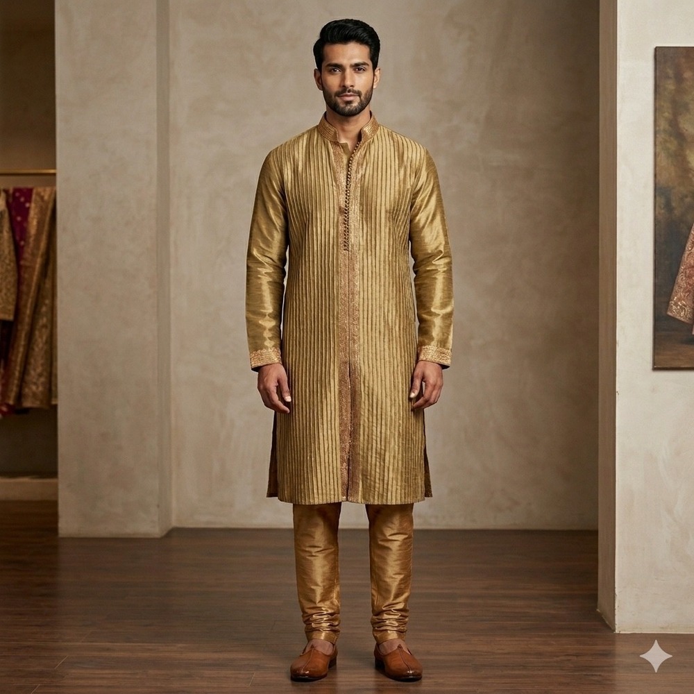 New Manyavar Men Size M(38)Gold Self-Design Kurta Set Traditional Indian Wedding